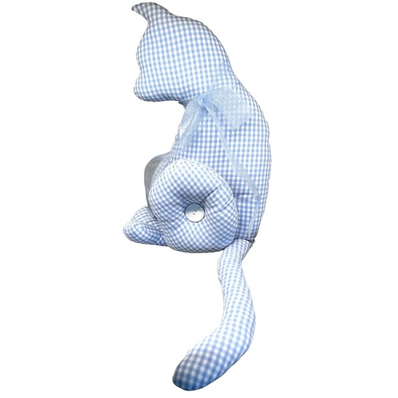 Other - Handcrafted Stuffed Cat Pillow Baby Blue‎ Gingham Fabric Neck Bow Button